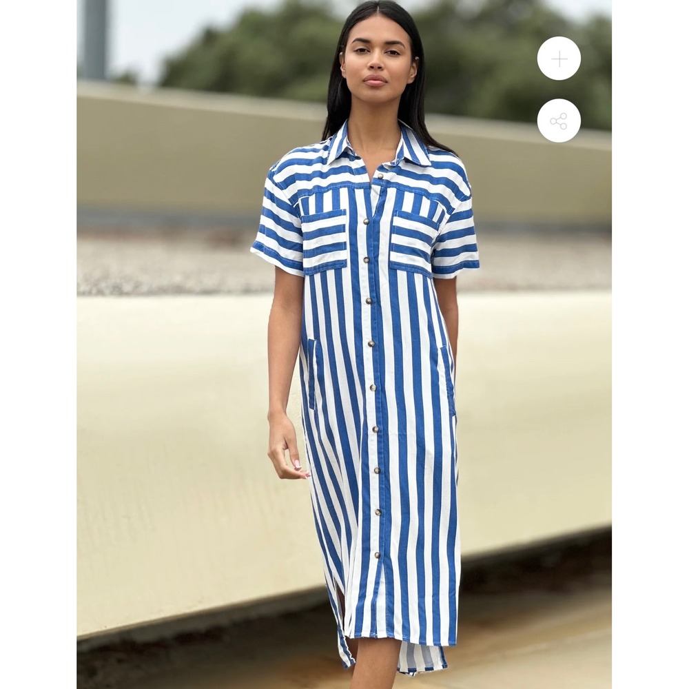 Billy T Blue White‎ Striped Shirt Dress NWT Small Short Sleeve Pockets High Low